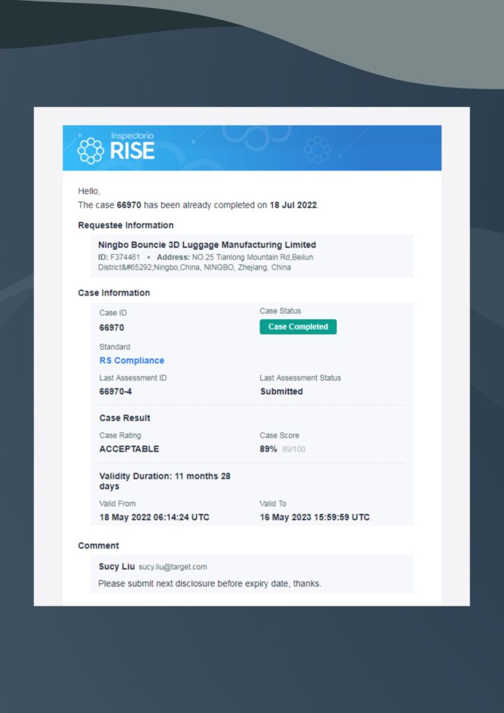 TARGET Factory Approval Letter